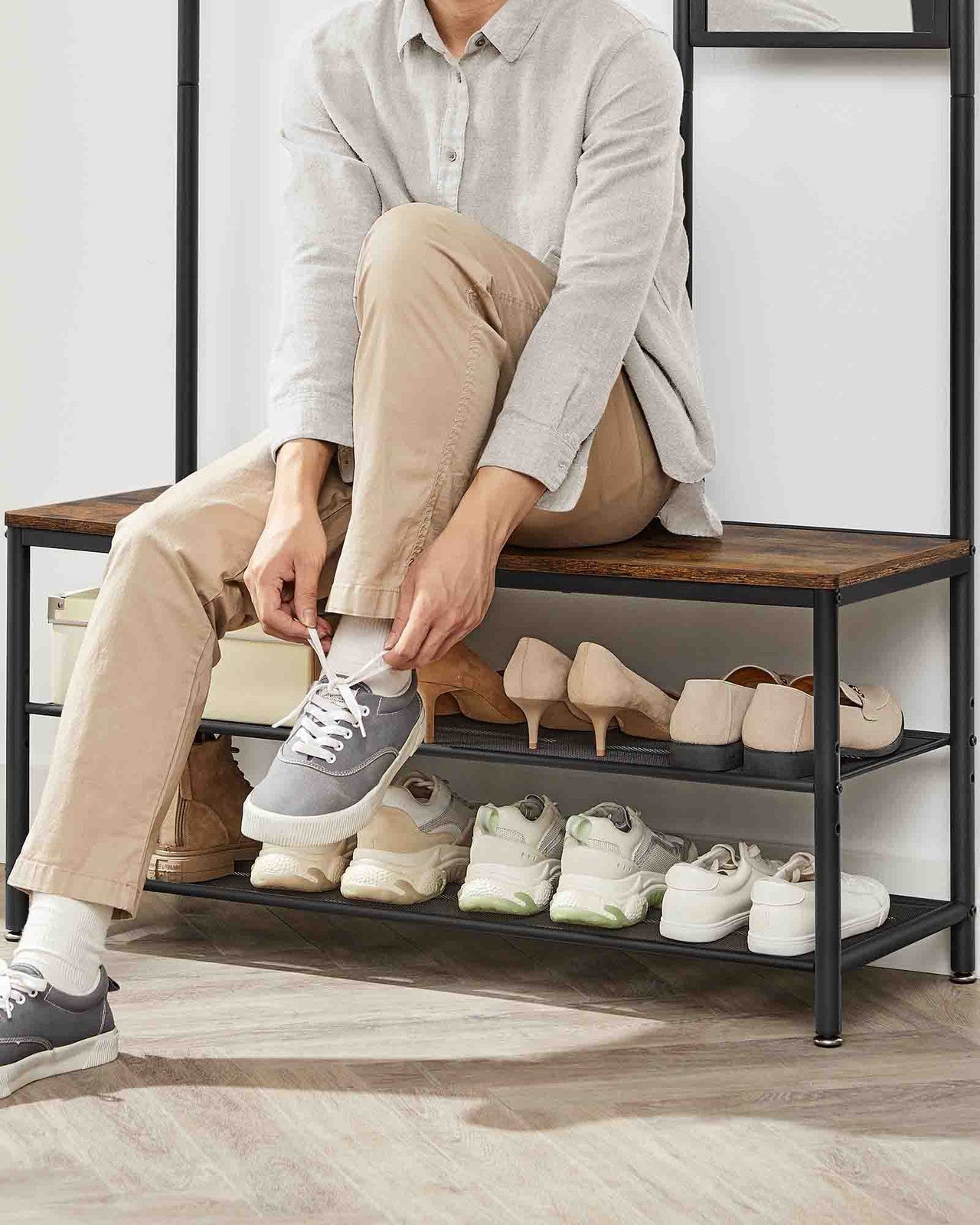 Coat Rack with Shoe Storage, Coat Stand for Hallway with Mirror - image 4