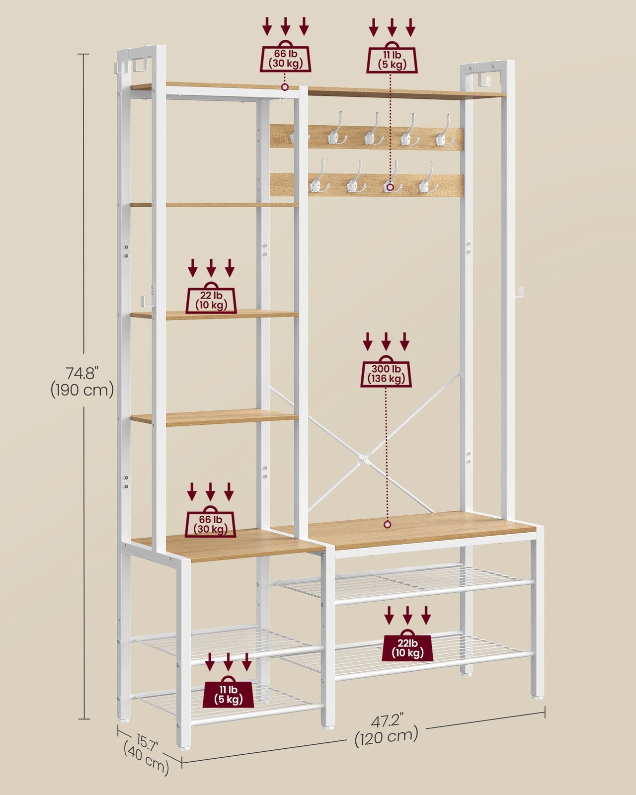 9 Hook Coat Rack with Shoe Bench - image 15