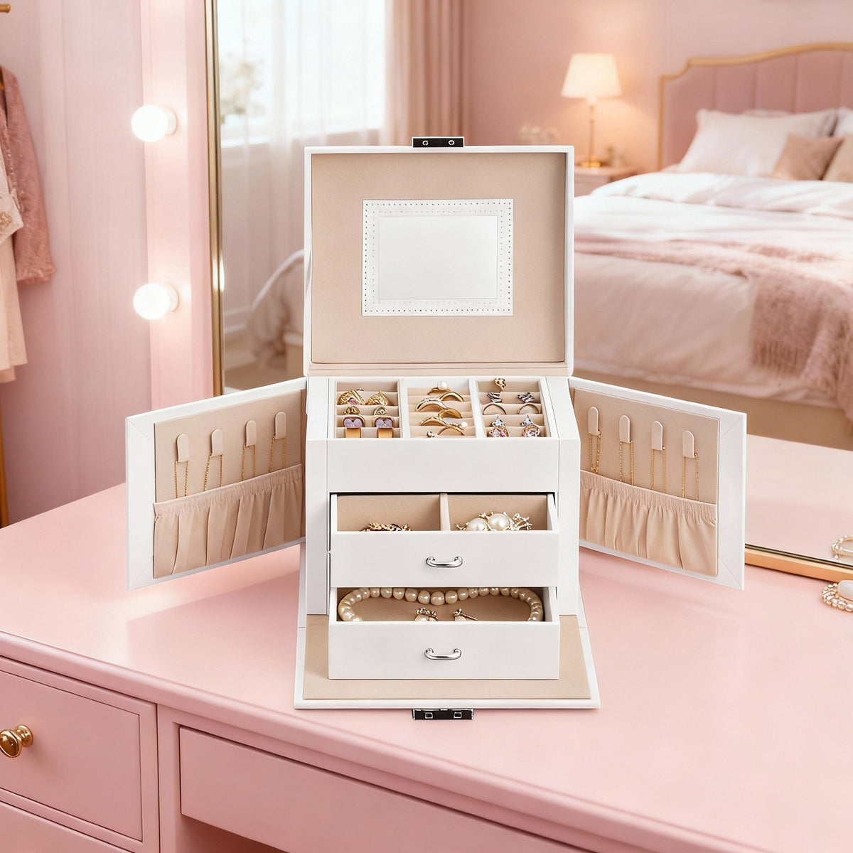 Travel Jewellery Storage Case with Mirror, 2 Drawers - image 3