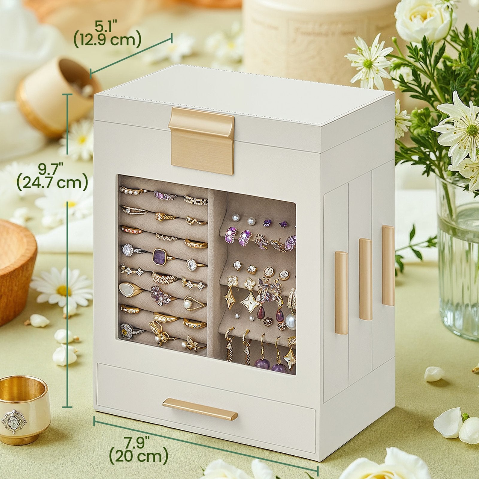 Jewellery Box with Glass Window, 5-Layer Jewellery Organiser with 3 Side Drawers, White - image 1