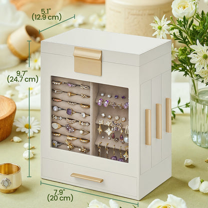 Jewellery Box with Glass Window, 5-Layer Jewellery Organiser with 3 Side Drawers, White - image 1