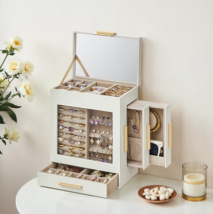 Jewellery Box with Glass Window, 5-Layer Jewellery Organiser with 3 Side Drawers, White - image 2