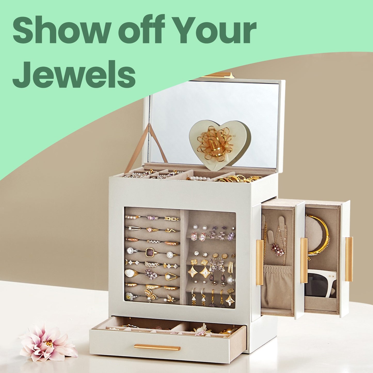 Jewellery Box with Glass Window, 5-Layer Jewellery Organiser with 3 Side Drawers, White - image 5
