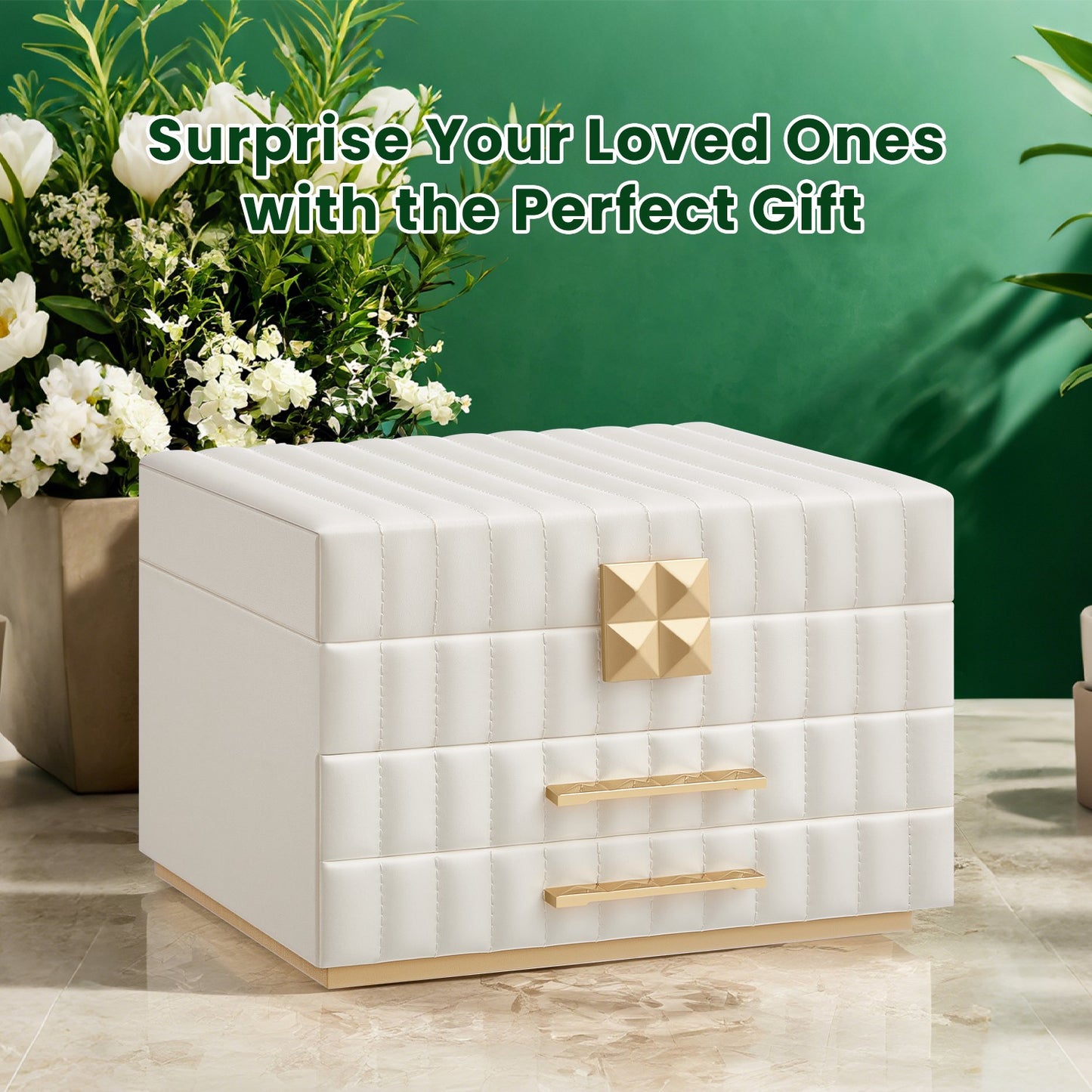 3-Tier Jewellery Box with Mirror, Jewellery Organiser with 2 Drawers, PU Surface with Stitching - image 1