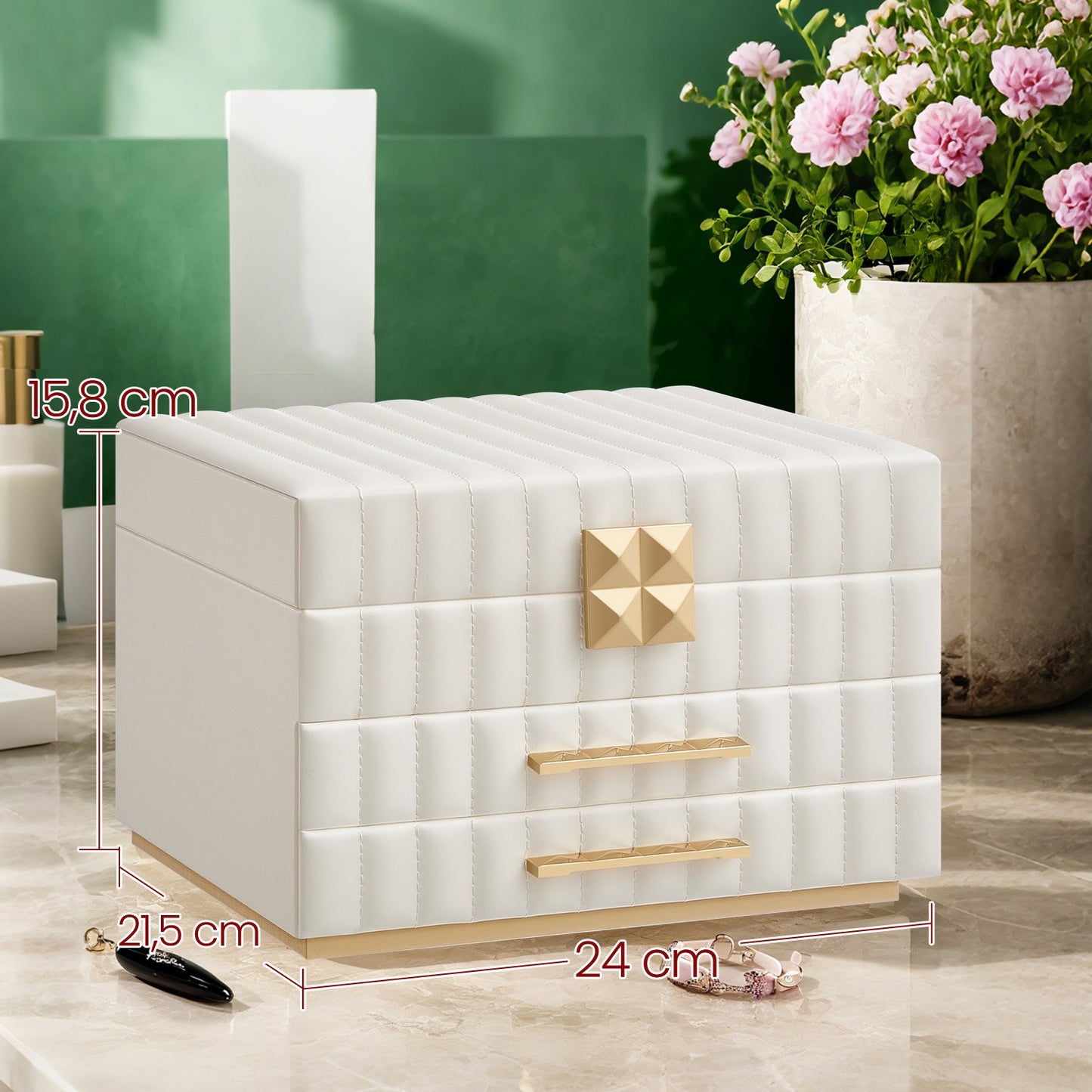 3-Tier Jewellery Box with Mirror, Jewellery Organiser with 2 Drawers, PU Surface with Stitching - image 6