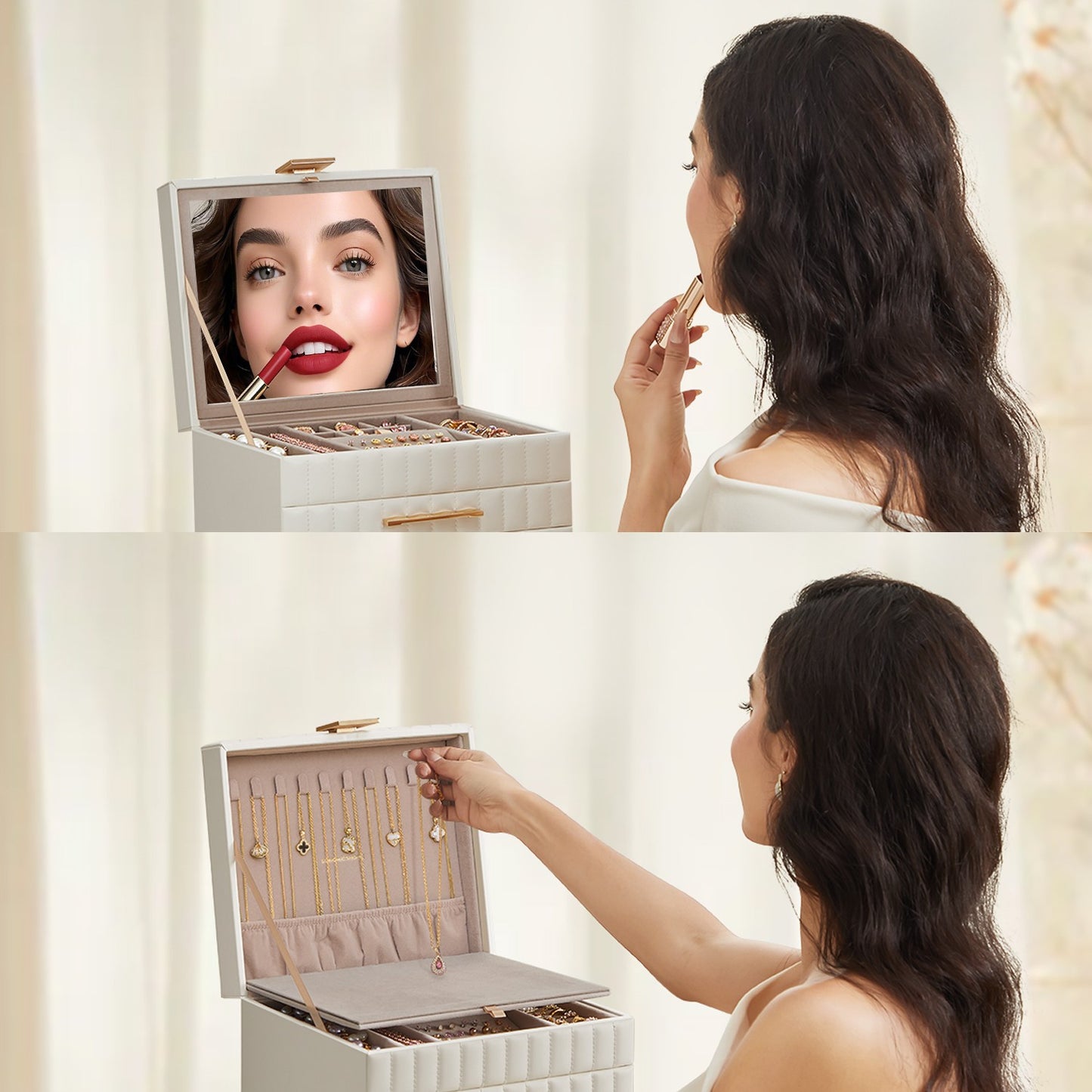 3-Tier Jewellery Box with Mirror, Jewellery Organiser with 2 Drawers, PU Surface with Stitching - image 2
