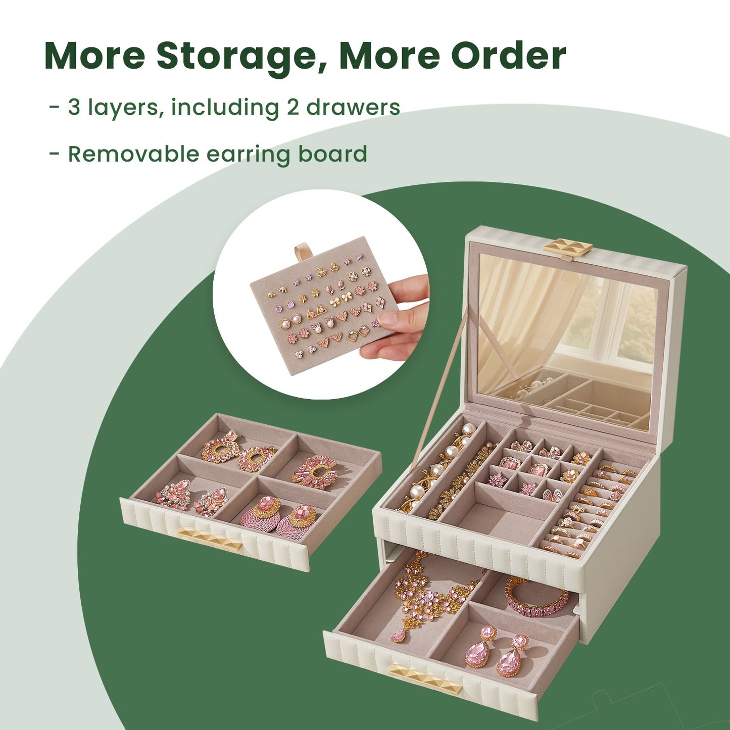 3-Tier Jewellery Box with Mirror, Jewellery Organiser with 2 Drawers, PU Surface with Stitching - image 4
