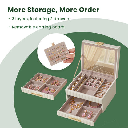 3-Tier Jewellery Box with Mirror, Jewellery Organiser with 2 Drawers, PU Surface with Stitching - image 4