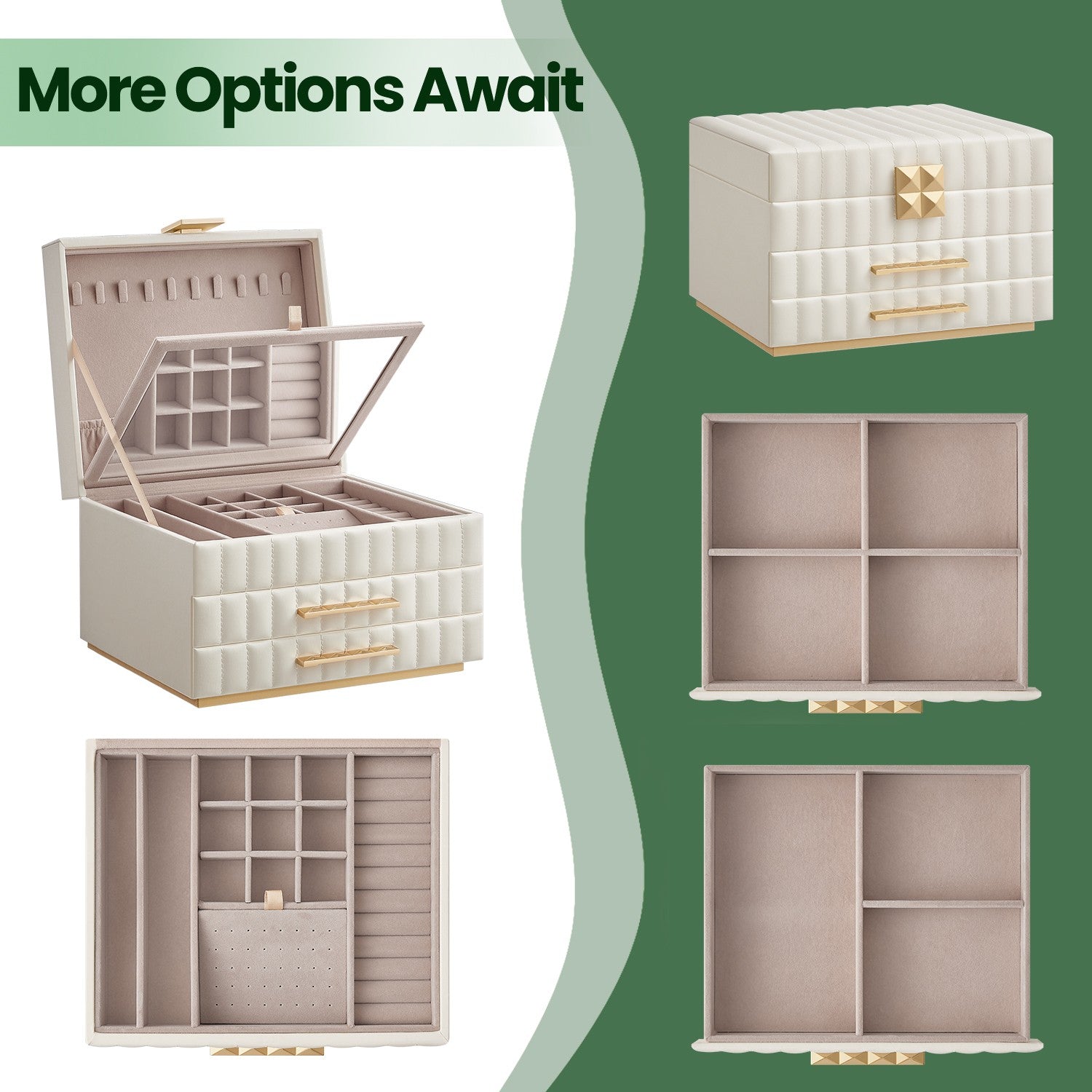3-Tier Jewellery Box with Mirror, Jewellery Organiser with 2 Drawers, PU Surface with Stitching - image 5