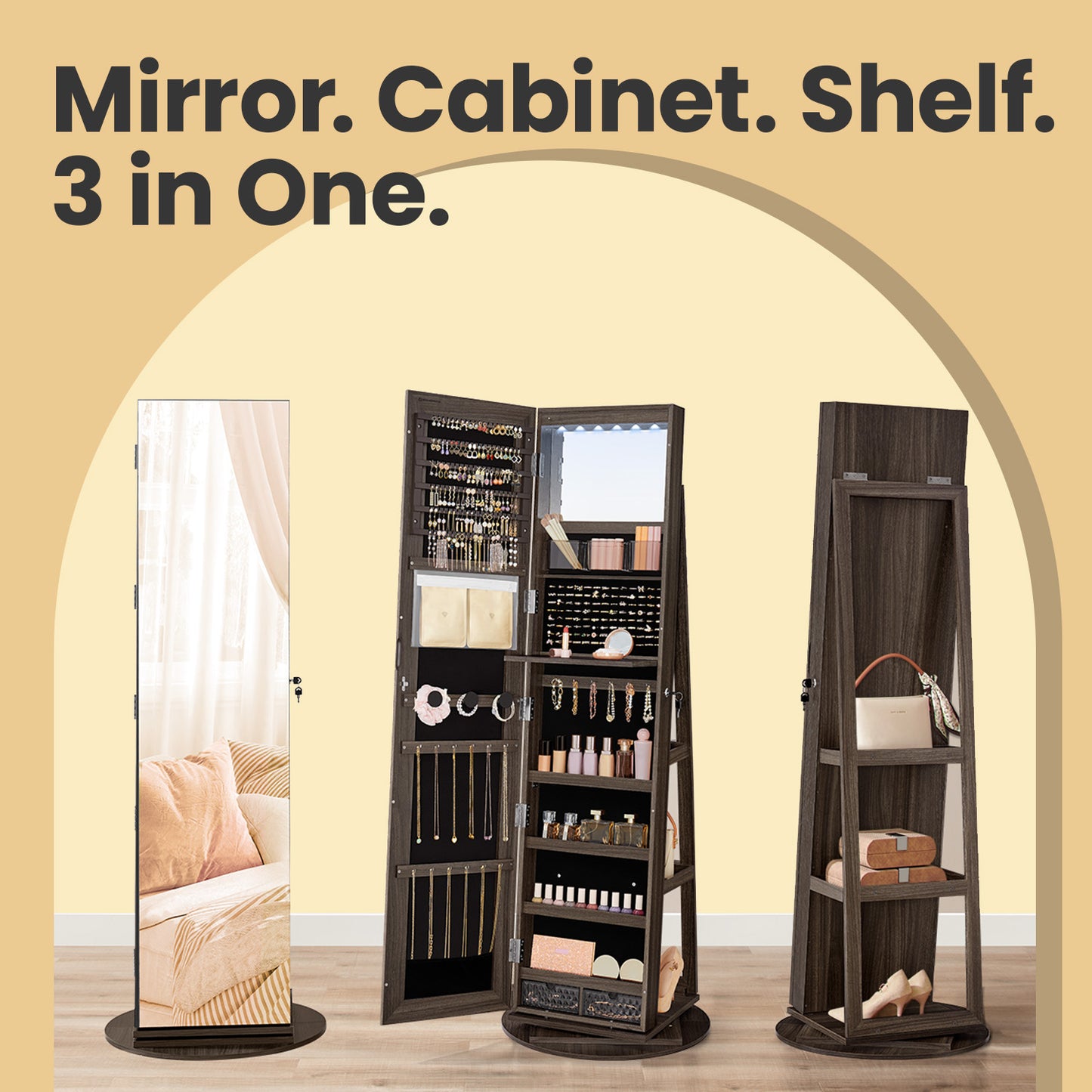 360° Rotating Mirrored Jewellery Cabinet, Lockable Jewellery Organiser, with Full-Length Mirror - image 18