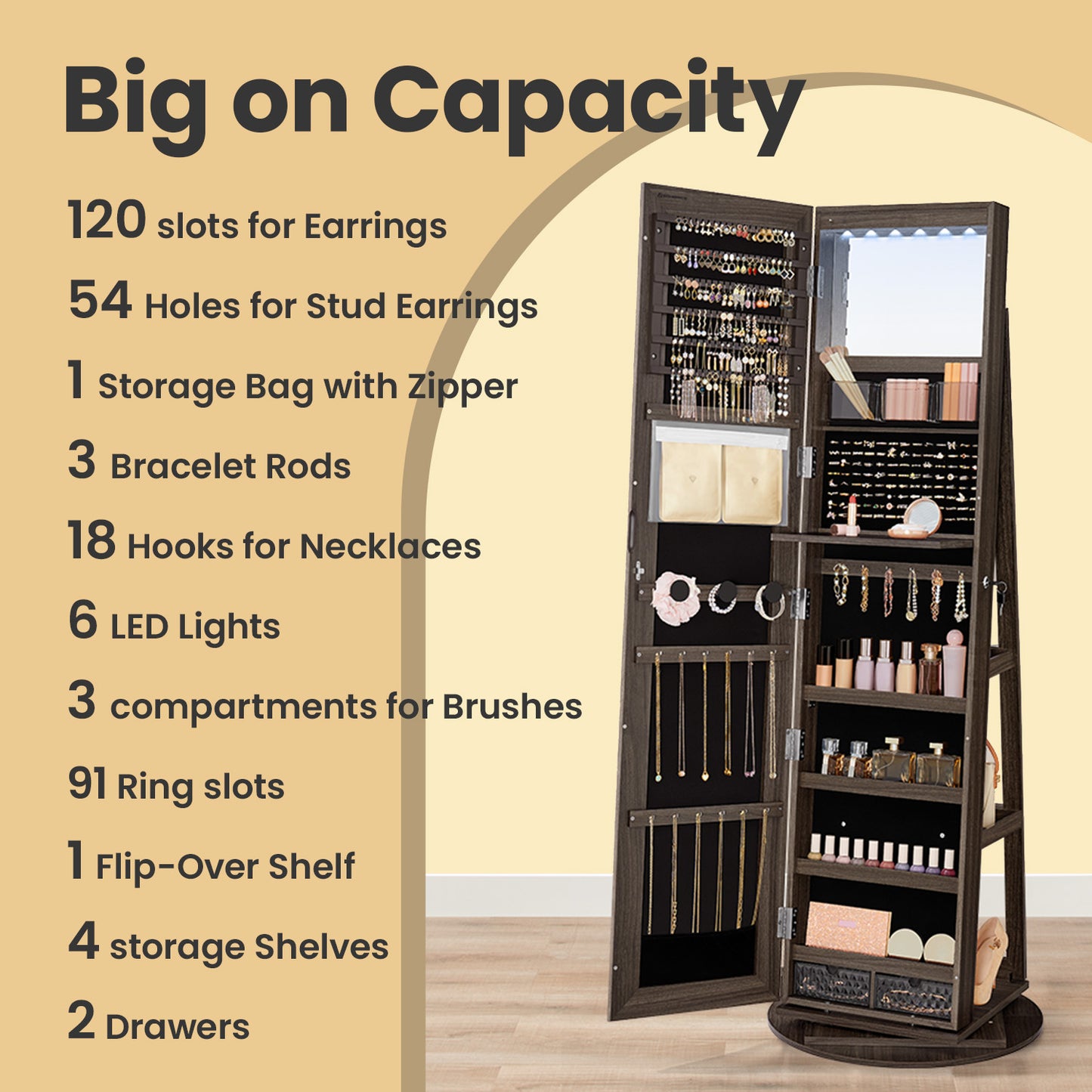 360° Rotating Mirrored Jewellery Cabinet, Lockable Jewellery Organiser, with Full-Length Mirror - image 19