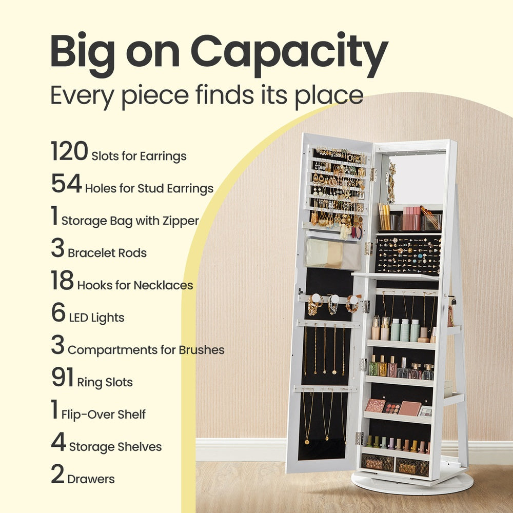 360° Rotating Mirrored Jewellery Cabinet, Lockable Jewellery Organiser, with Full-Length Mirror - image 4