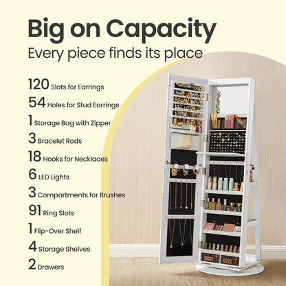 360° Rotating Mirrored Jewellery Cabinet, Lockable Jewellery Organiser, with Full-Length Mirror - image 4