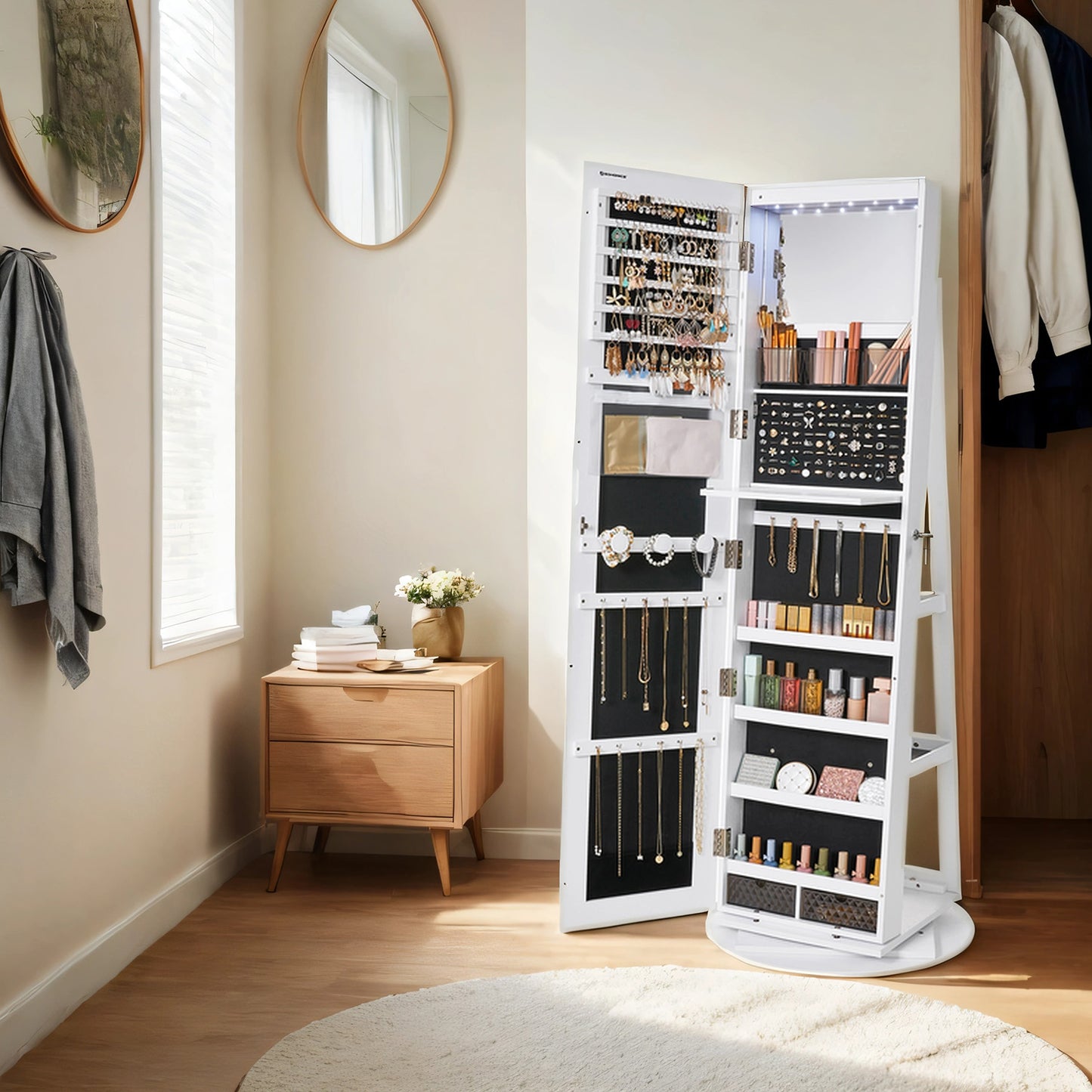 360° Rotating Mirrored Jewellery Cabinet, Lockable Jewellery Organiser, with Full-Length Mirror - image 24