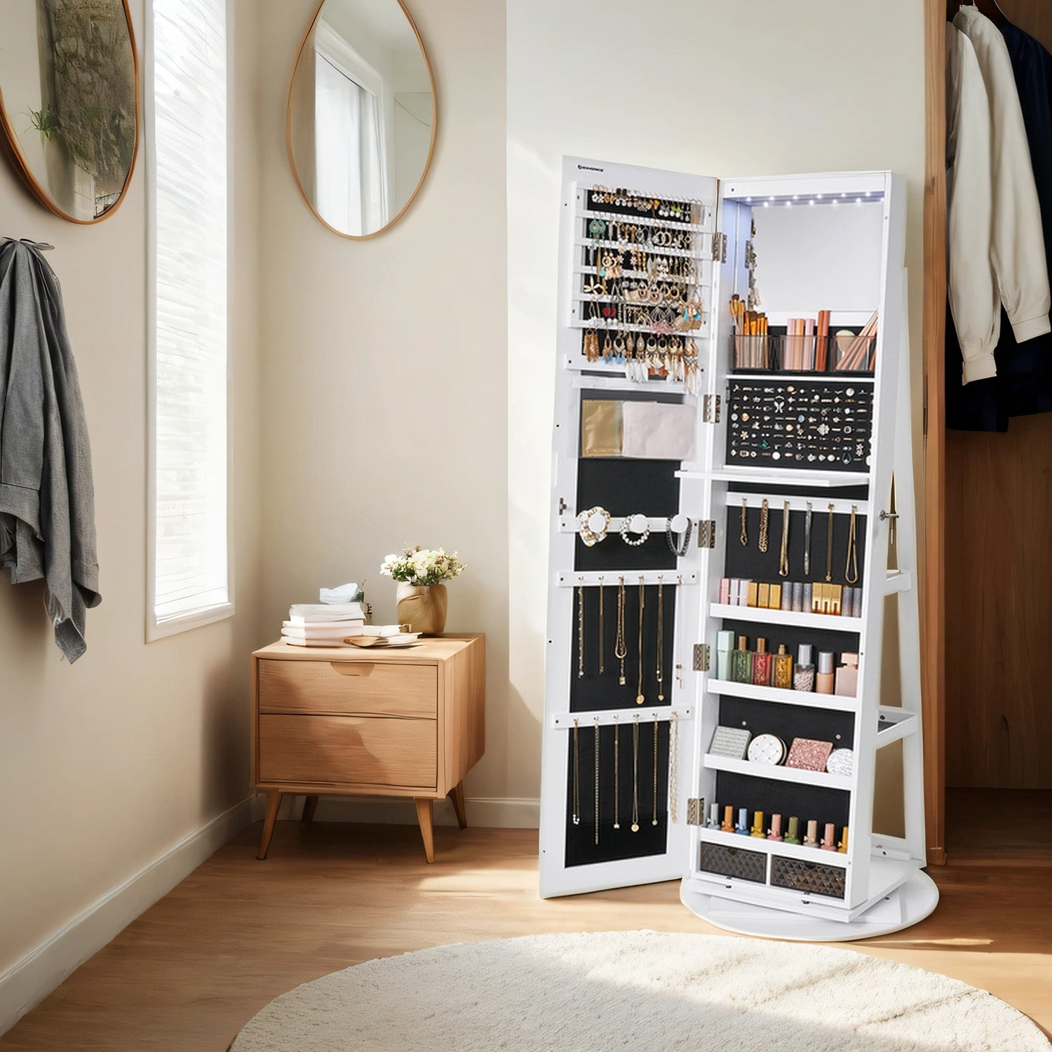 360° Rotating Mirrored Jewellery Cabinet, Lockable Jewellery Organiser, with Full-Length Mirror - image 24