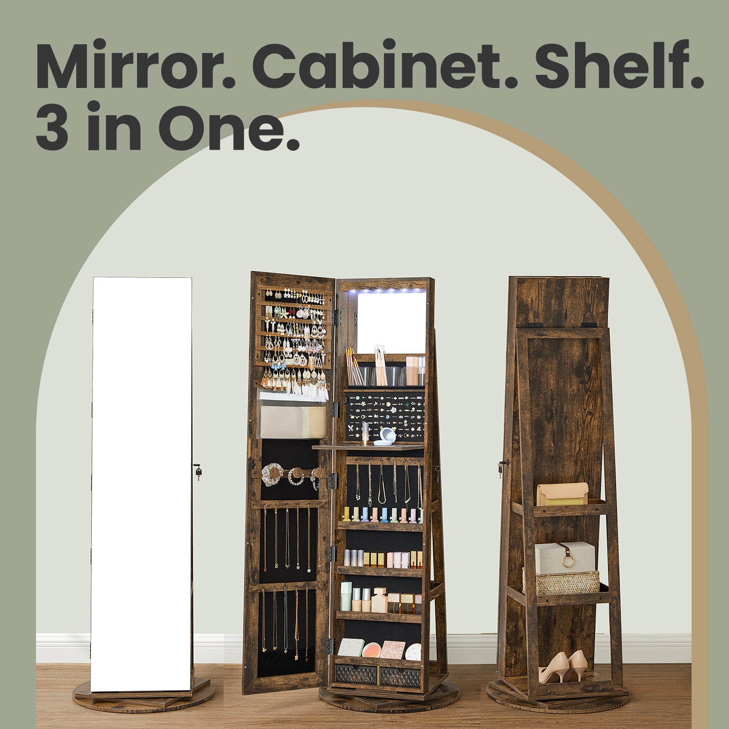 360° Rotating Mirrored Jewellery Cabinet, Lockable Jewellery Organiser, with Full-Length Mirror - image 25
