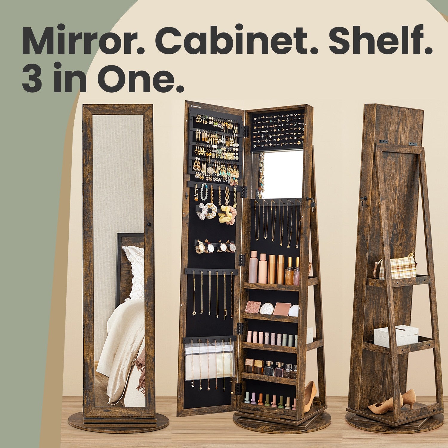 Freestanding Jewellery Organiser, Jewellery Cabinet with Full-Length Mirror, 360° Swivel - image 4