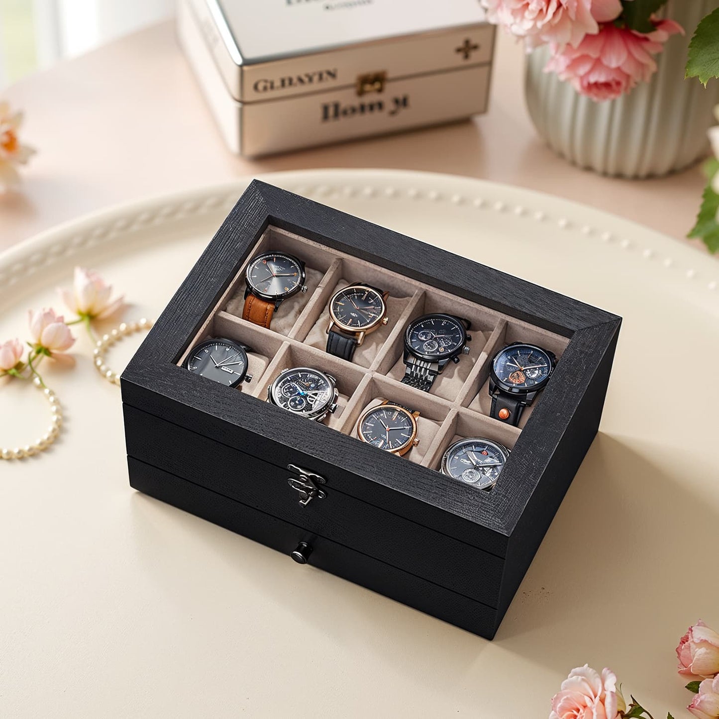 Watch Box with 8 Slots, 2-Tier Wood Watch Case with Large Glass Lid, Watch Pillows - image 2