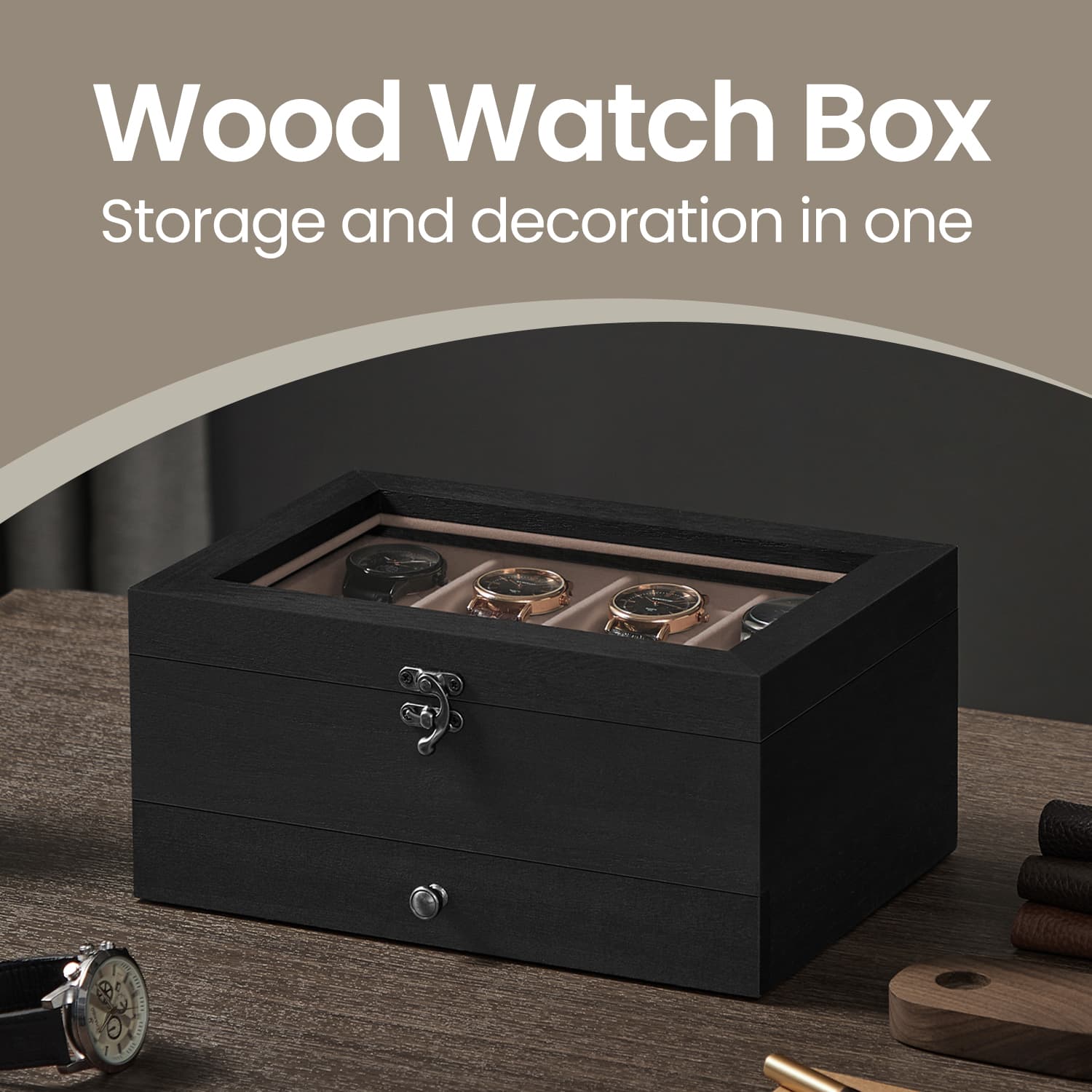 Watch Box with 8 Slots, 2-Tier Wood Watch Case with Large Glass Lid, Watch Pillows - image 3