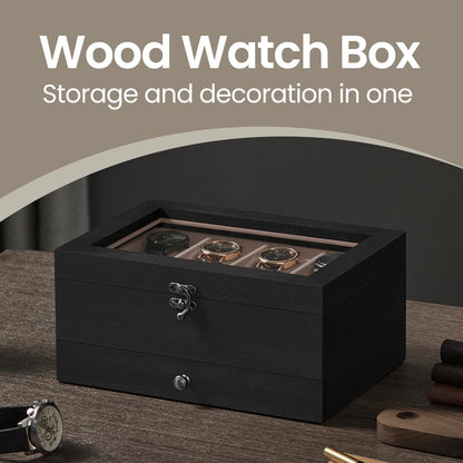 Watch Box with 8 Slots, 2-Tier Wood Watch Case with Large Glass Lid, Watch Pillows - image 3