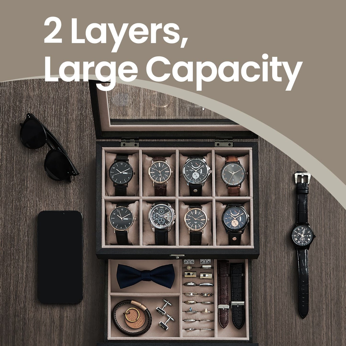 Watch Box with 8 Slots, 2-Tier Wood Watch Case with Large Glass Lid, Watch Pillows - image 4