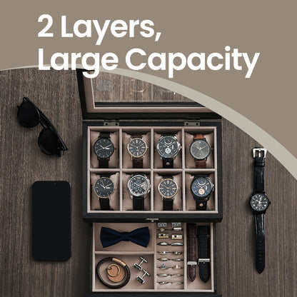 Watch Box with 8 Slots, 2-Tier Wood Watch Case with Large Glass Lid, Watch Pillows - image 4