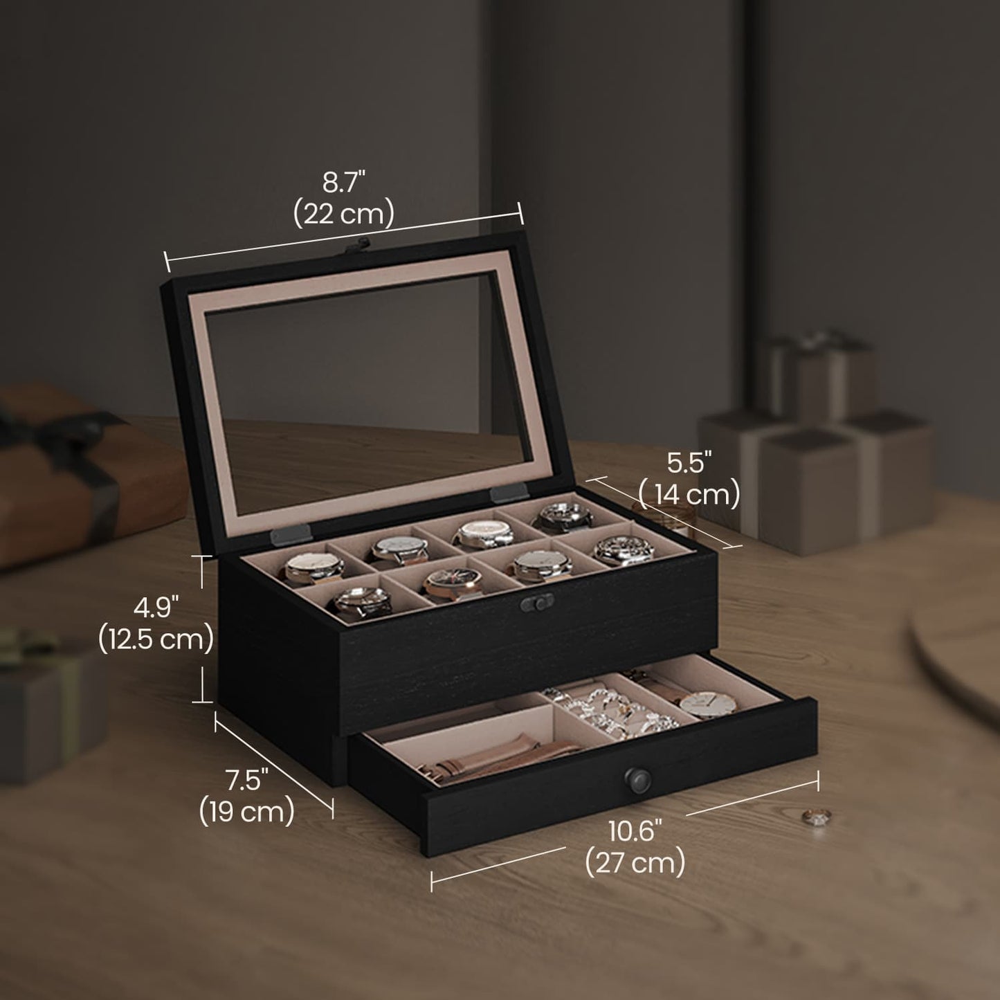 Watch Box with 8 Slots, 2-Tier Wood Watch Case with Large Glass Lid, Watch Pillows - image 5