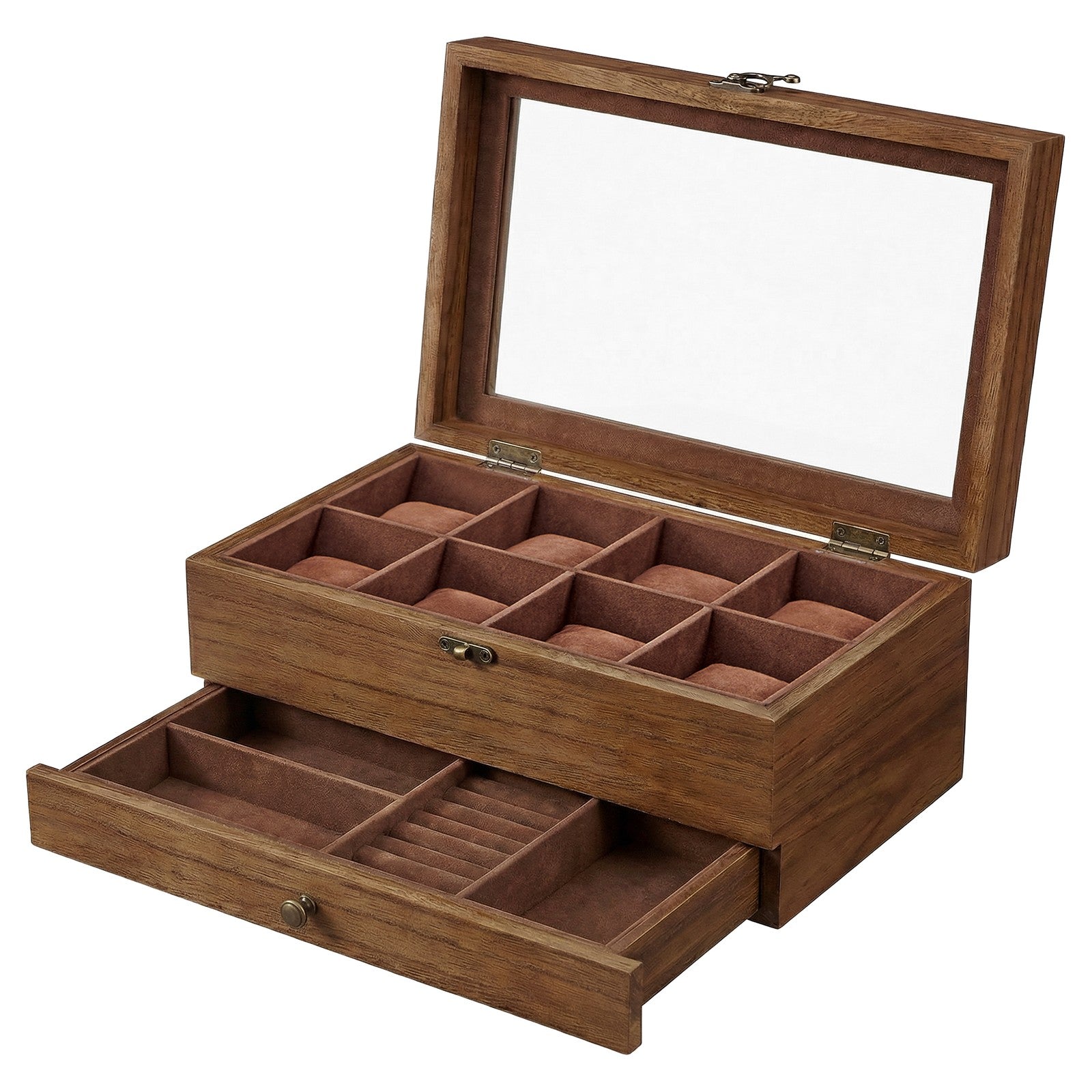 Watch Box with 8 Slots, 2-Tier Wood Watch Case with Large Glass Lid, Watch Pillows - image 7