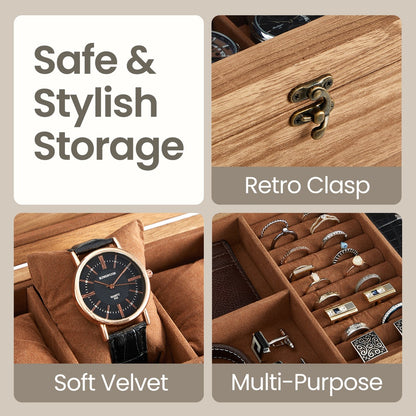 Watch Box with 8 Slots, 2-Tier Wood Watch Case with Large Glass Lid, Watch Pillows - image 8