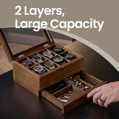Watch Box with 8 Slots, 2-Tier Wood Watch Case with Large Glass Lid, Watch Pillows - image 10
