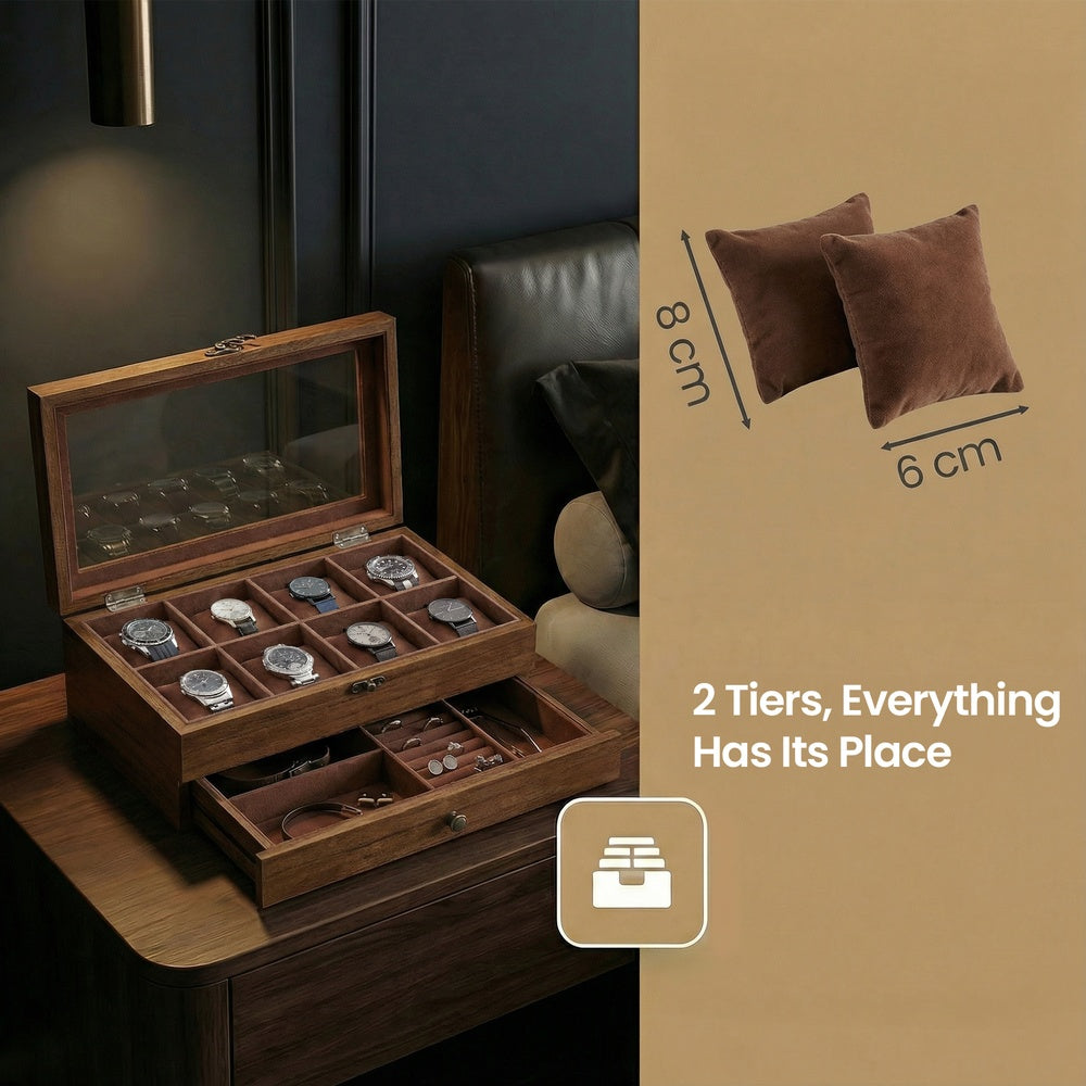 Watch Box with 8 Slots, 2-Tier Wood Watch Case with Large Glass Lid, Watch Pillows - image 11