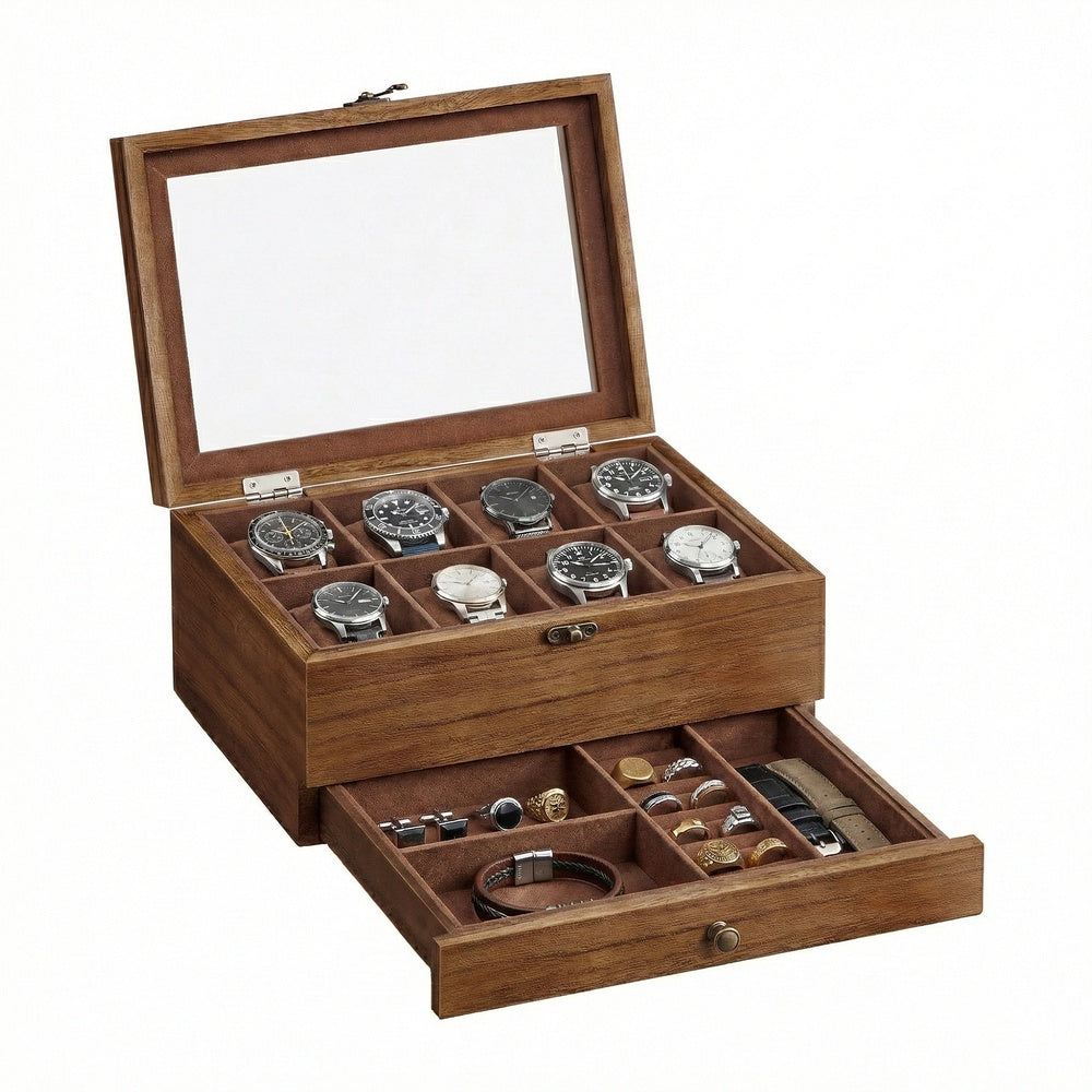 Watch Box with 8 Slots, 2-Tier Wood Watch Case with Large Glass Lid, Watch Pillows - image 12