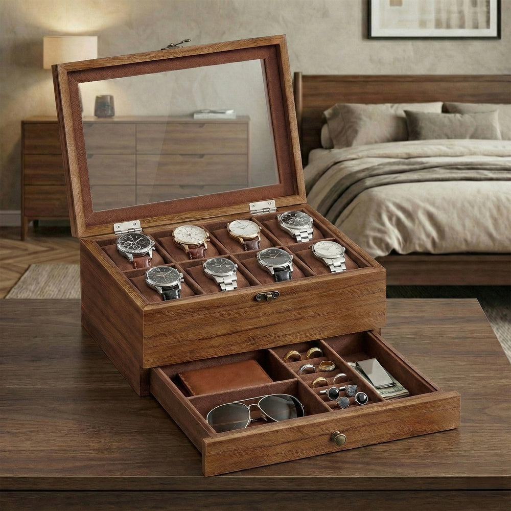 Watch Box with 8 Slots, 2-Tier Wood Watch Case with Large Glass Lid, Watch Pillows - image 14