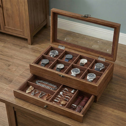 Watch Box with 8 Slots, 2-Tier Wood Watch Case with Large Glass Lid, Watch Pillows - image 15
