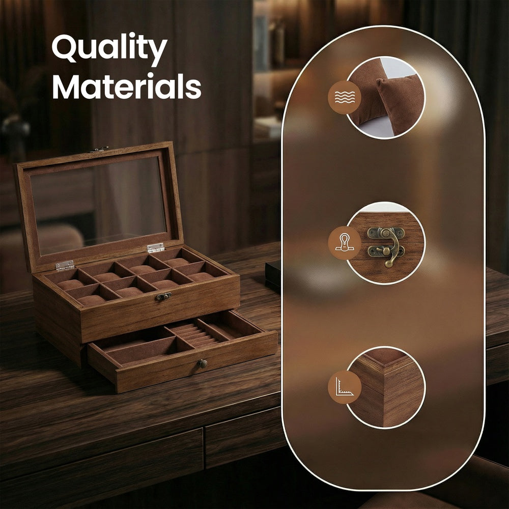 Watch Box with 8 Slots, 2-Tier Wood Watch Case with Large Glass Lid, Watch Pillows - image 16