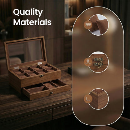 Watch Box with 8 Slots, 2-Tier Wood Watch Case with Large Glass Lid, Watch Pillows - image 16