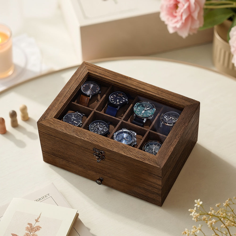 Watch Box with 8 Slots, 2-Tier Wood Watch Case with Large Glass Lid, Watch Pillows - image 18