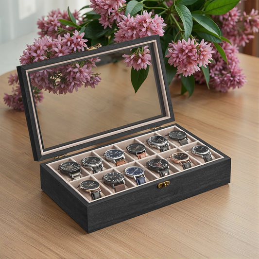 Solid Wood Watch Box Case with 12 Slots, Glass Lid, Gift Idea - image 1