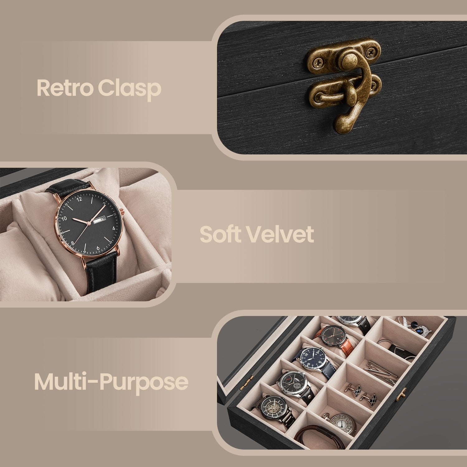 Solid Wood Watch Box Case with 12 Slots, Glass Lid, Gift Idea - image 2