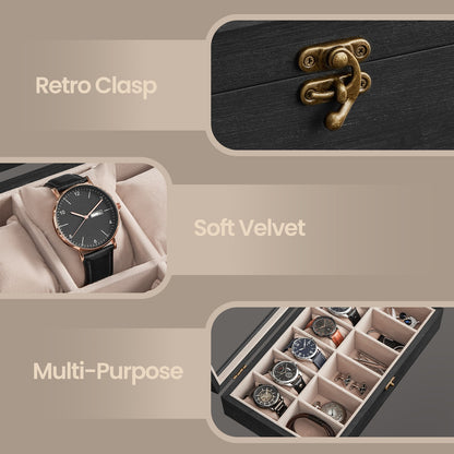 Solid Wood Watch Box Case with 12 Slots, Glass Lid, Gift Idea - image 2