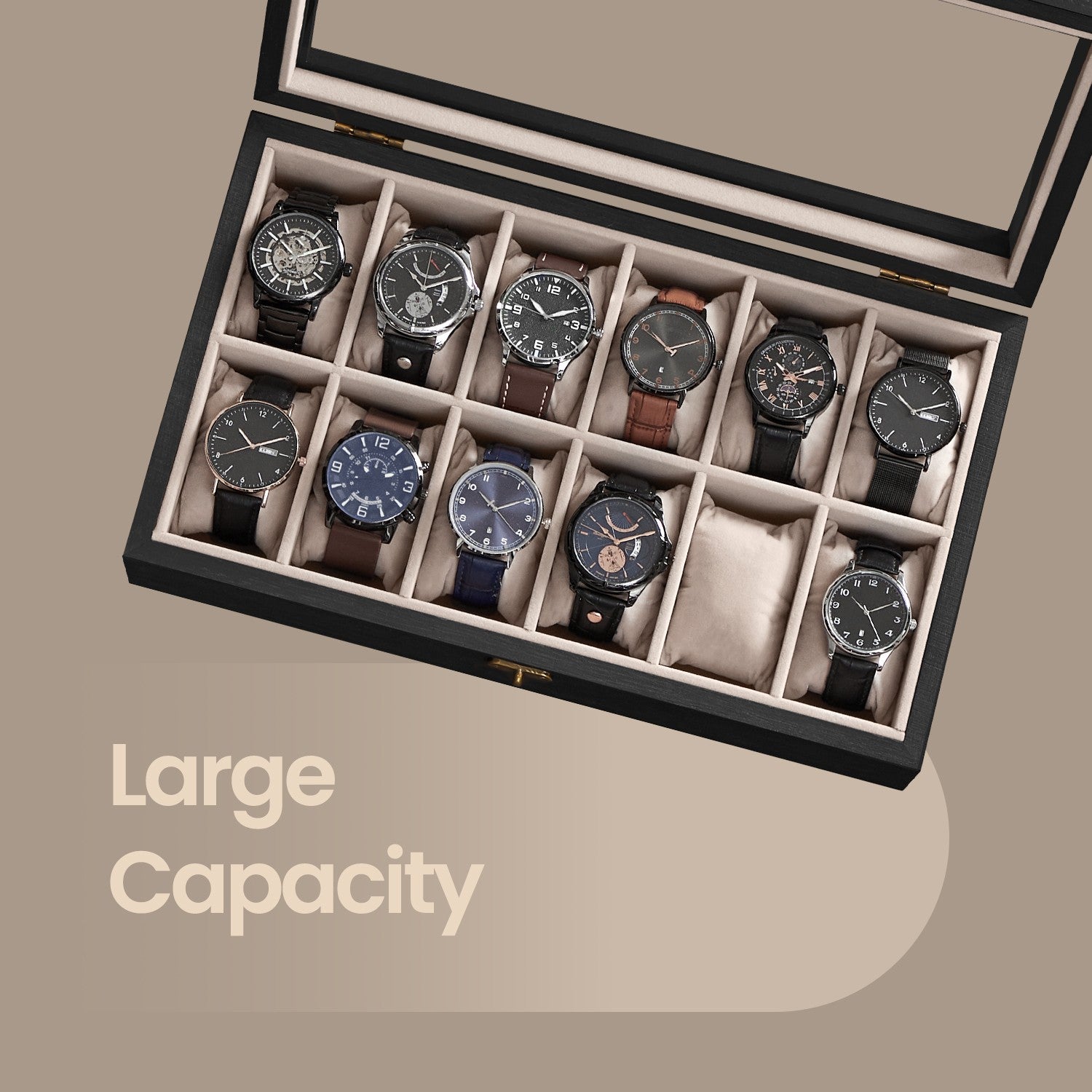Solid Wood Watch Box Case with 12 Slots, Glass Lid, Gift Idea - image 3