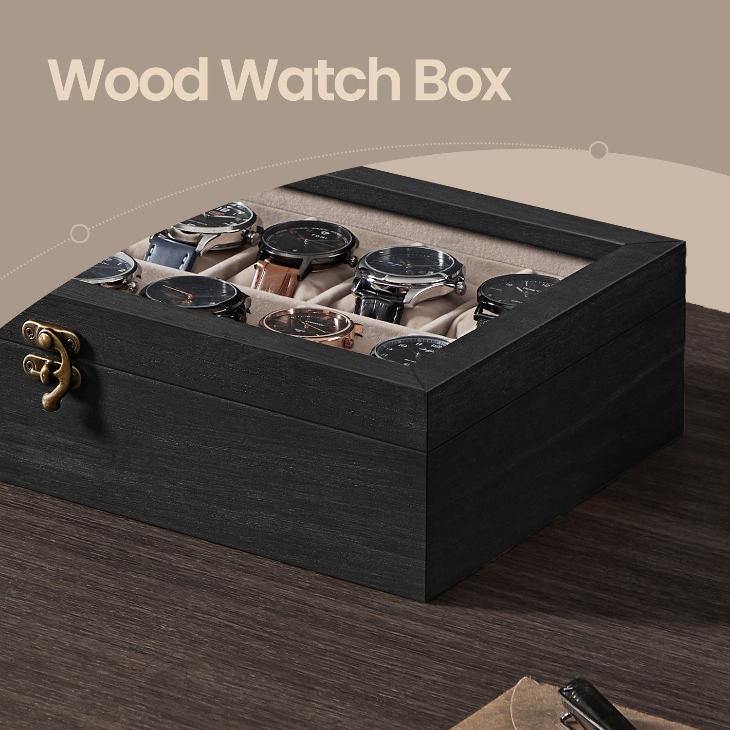 Solid Wood Watch Box Case with 12 Slots, Glass Lid, Gift Idea - image 4