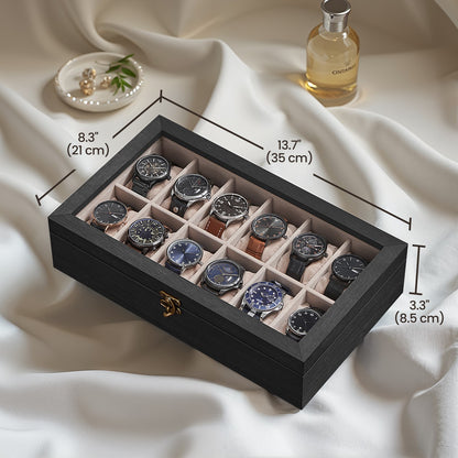 Solid Wood Watch Box Case with 12 Slots, Glass Lid, Gift Idea - image 6
