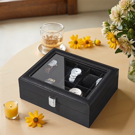 10-Slot Watch Box Organizer, Watch Case with Large Glass Lid, Removable Watch Pillows - image 1