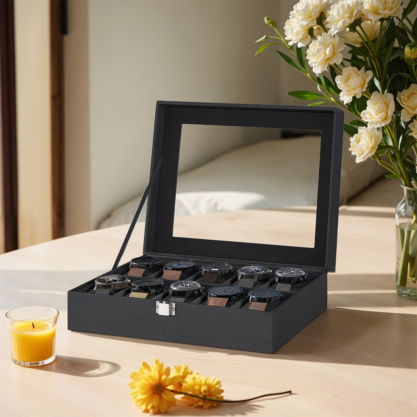 10-Slot Watch Box Organizer, Watch Case with Large Glass Lid, Removable Watch Pillows - image 2