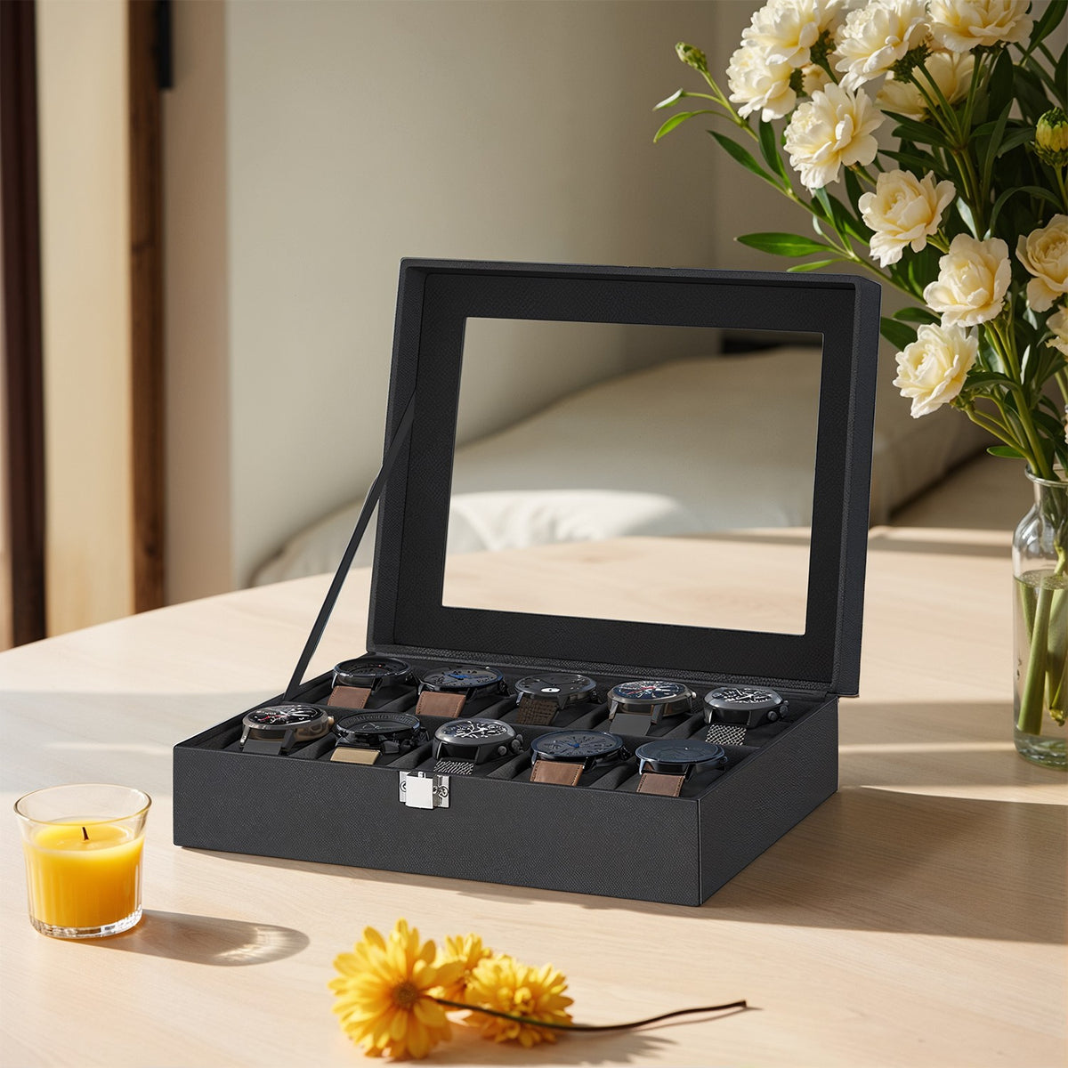 10-Slot Watch Box Organizer, Watch Case with Large Glass Lid, Removable Watch Pillows - image 2