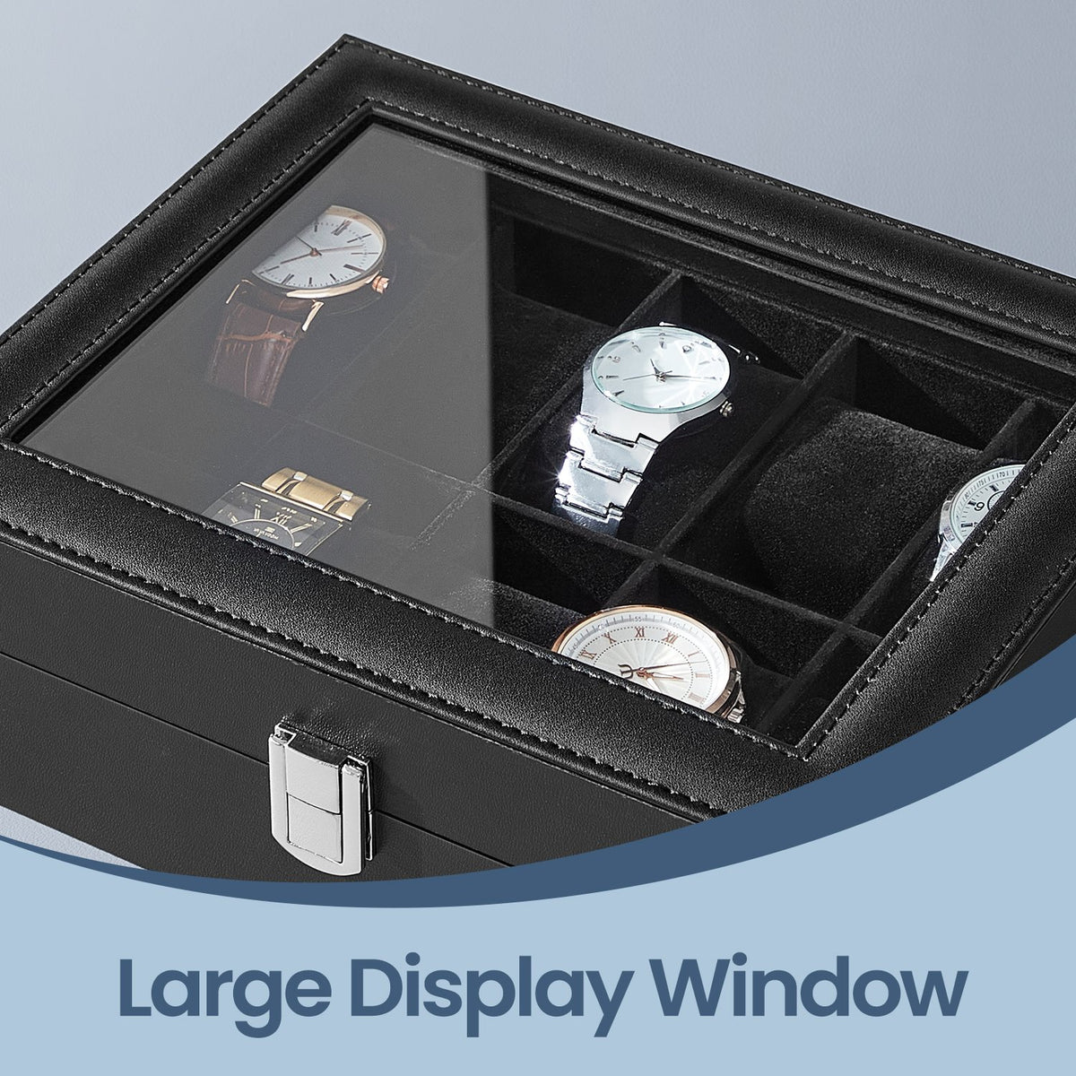 10-Slot Watch Box Organizer, Watch Case with Large Glass Lid, Removable Watch Pillows - image 3