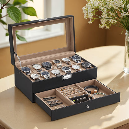 12-Slot Watch Box, Lockable Watch Case with Glass Lid, Drawer - image 7