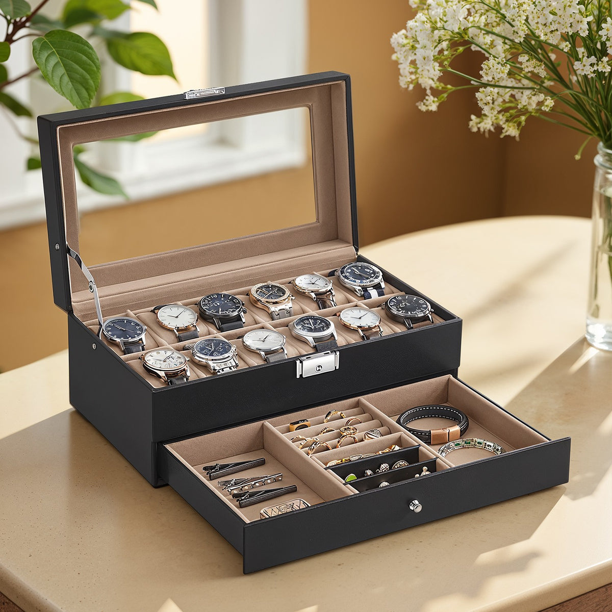 12-Slot Watch Box, Lockable Watch Case with Glass Lid, Drawer - image 1