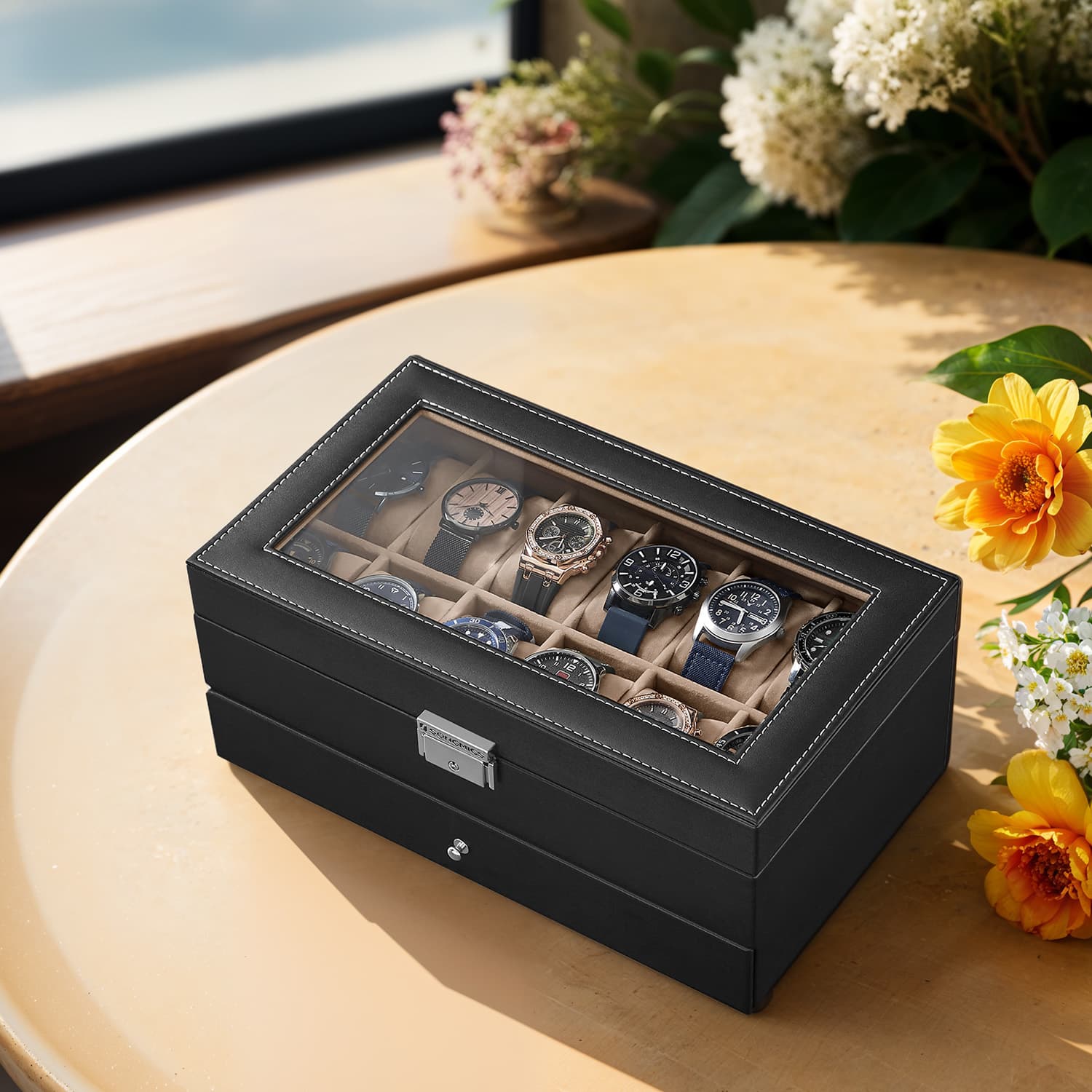 12-Slot Watch Box, Lockable Watch Case with Glass Lid, Drawer - image 8